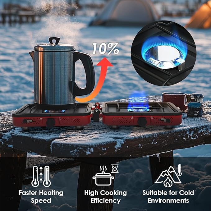 2 Burner Camping Stove with Carrying Bag, Foldable Propane Camp Stove with 17,200 BTU for Camping, Outdoor Cooking, Portable Gas Stove with Adjustable Burner for Tailgating, Backyard BBQ,Red