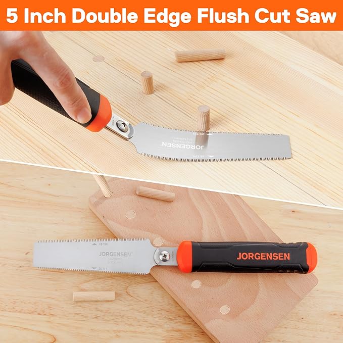 JORGENSEN Japanese Flush Cut Saw, 5 Inch Pro Double Edge Pull Saw, SK5 Flexible Blade Wood Handsaw, 18/25 TPI Blade with Soft Grip Handle for Hardwood & Softwood Woodworking, Wood Trim