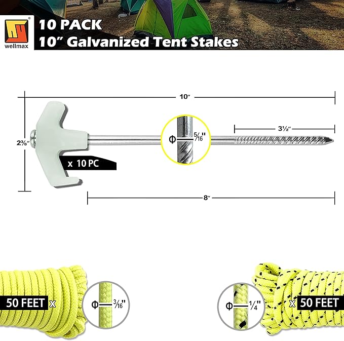 Wellmax 10PC Tent Stakes Heavy Duty with 2 Pack Glow in Dark Polypropylene Rope 3/16" x50ft and 1/4" x50ft
