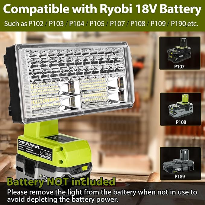 50W 4200LM Cordless LED Work Light for Ryobi One 18V Battery Portable Flood Lights for Outdoor Indoor Workshop Job Site, Floodlight & Spotlight Modes/Pivoting Head/USB Port(No Battery)
