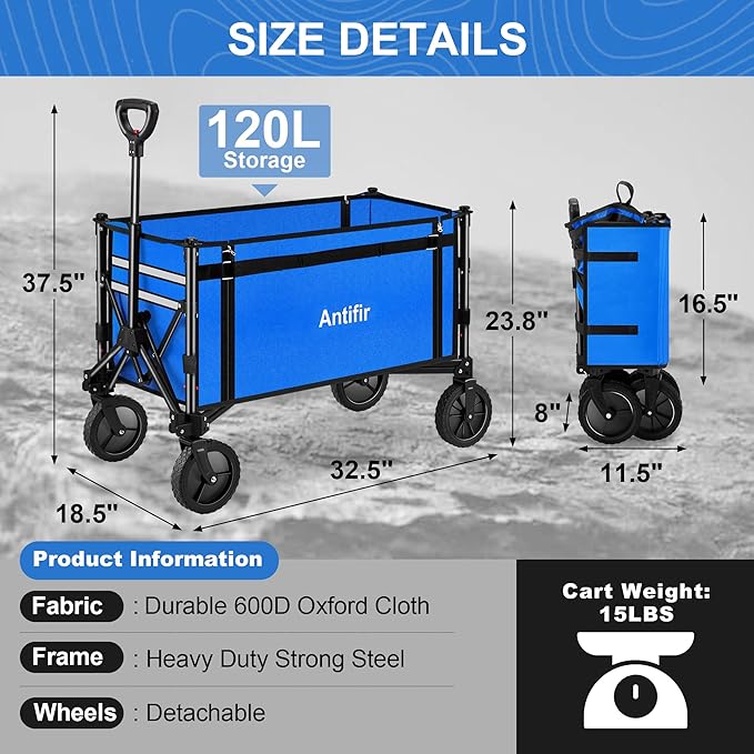 Collapsible Wagon Carts,Folding Wagon Cart with All Terrain Wheels,Heavy Duty Garden Carts with Adjustable Handle,Outdoor Utility Wagon for Camping Shopping Sports Fishing（Blue）
