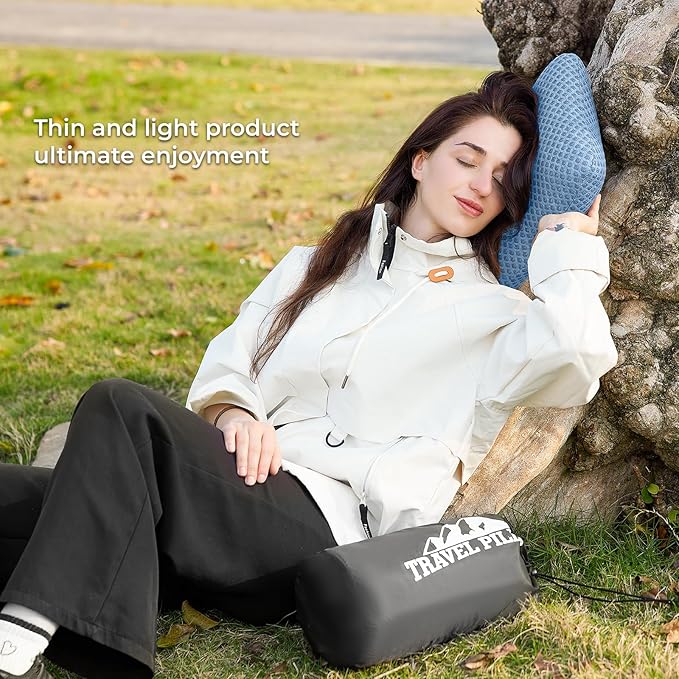 Travel Pillow Memory Foam Pillows, Camping Pillow-Compressible Medium Firm, Breathable Cover, Ideal Backpacking Hiking, Bed Pillows, Airplane and Car (Blue, L)