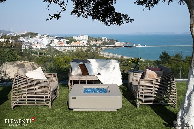 Elementi+ | Lucerne Gas Fire Pit Cast Concrete 42" Square Fire Table, Outdoor Fire Pit Electronic Ignition | Canvas Cover, Fire Glass and Burner Lid Included | Light Gray | Propane Gas