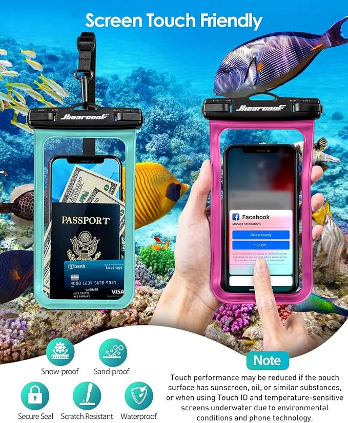 Hiearcool Waterproof Phone Pouch,Waterproof Phone Case for iPhone 16 15 14 13 Pro Max,IPX8 Phone Waterproof Pouch for Beach Cruise Ship Travel Essentials Green&Bright Red-2Pack