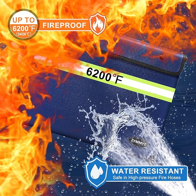 6200℉ Fireproof and Waterproof Document Pouch with Water Resistant Zipper,9 Layers of Heat Insulated Materials Fireproof Envelopes for Important Documents,Valuables（Not Suitable for A4 Files）