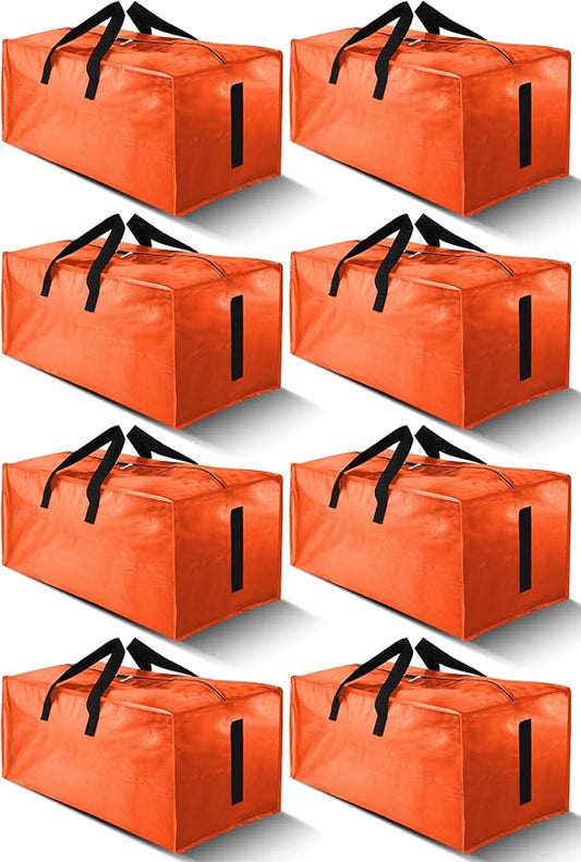 8 Pack Large Strong Moving Bags with Zippers & Carrying Handles - Water-Resistant - Heavy Duty Storage Tote for Space Saving, Fold Flat, Alternative to Moving Box (Orange)
