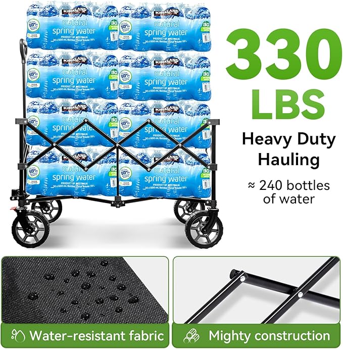 Hikenture 330lbs Collapsible Wagon Cart, Ultra-Large Wagons Carts Foldable Heavy Duty, Utility All Terrain Folding Wagon with Wheels for Groceries, Garden, Sports, Beach, Shopping, Black