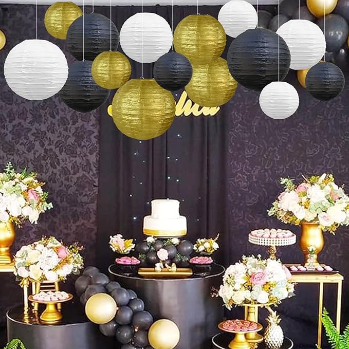 BEISHIDA 16 Pcs Black Gold Paper Lanterns,Hanging Decorative Chinese Japanese Round Paper Lantern Lamp for Wedding Graduation Anniversary Birthday Party Decoration