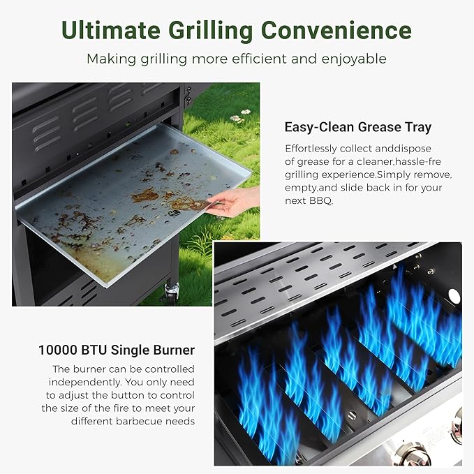 4-Burner Propane Gas Grill with Wheels, 40,000 BTU Stainless Steel BBQ Grill for Backyard, Outdoor Cooking - Foldable Side Tables, Spice Rack & Easy Assembly
