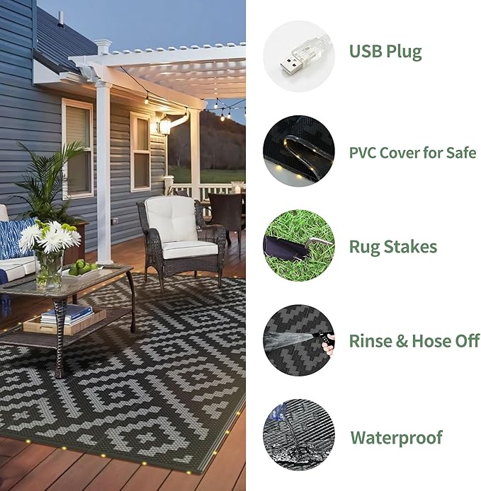 GENIMO Outdoor Rug with LED Strip Lights, 8'x10' Waterproof Camping Mat, Reversible Plastic Straw Rugs for Patio, RV, Camper, Balcony, Backyard, Picnic, Deck, Black & Gray