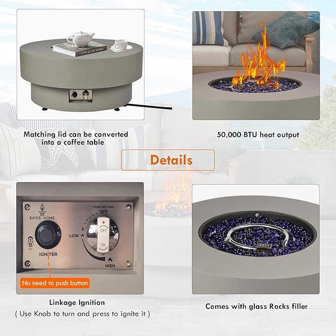 32.5-inch Outdoor Gas Fire Pit Table with Natural Gas Conversion Kit, 50,000BTU Propane Gas Fire Pits for Outside Patio w/Round Burner Lid, Glass Rocks, Cover