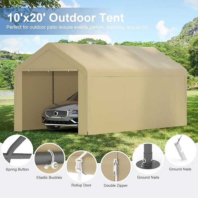 Carport, 10‘ x 20’ Heavy Duty Portable Garage All-Season Car Canopy w/Removable Sidewall & Doors, Carport Canopy Party Tent w/Water-Resistant Tarp for Backyard (Yellow, 10‘ x 20’)
