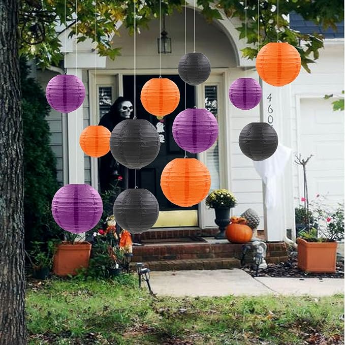 12 Pcs Paper Lanterns Halloween Party Decorations Orange Black Purple Halloween Hanging Paper Lanterns for Horror Party Indoor Outdoor Spooky Home Ceiling Yard Garden Decor Party Supplies Props