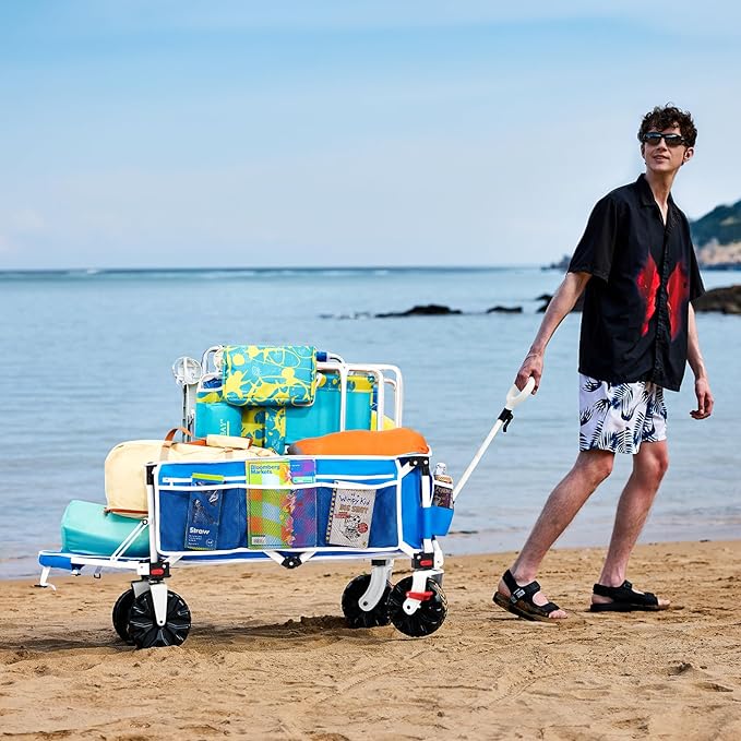 49" L Extra Long Beach Wagon with Tailgate,Big Wheels with Brake for Sand, Collapsible Utility Beach Cart Heavy Duty Folding Wagon,Ideal for Outdoor Sand Camping Garden Pet