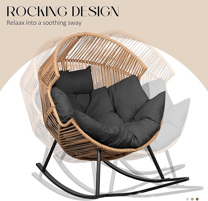 JAMFLY Egg Chair Outdoor Rocking Chairs, Wicker Patio Chair Oversized Lounger Chair with Cushion for Indoor Living Room Bedroom Outside Patio Backyard Balcony, Gray Cushion