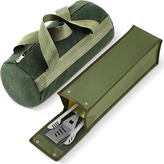 Amylove 2 Pcs Grill Utensil Storage Bag Waterproof Barbecue Grill Tool Accessory Storage with Zipper Foldable Extra Thick Oxford Cloth BBQ Tool Carry Bag for Camping Hiking Barbecue Outdoor(Green)