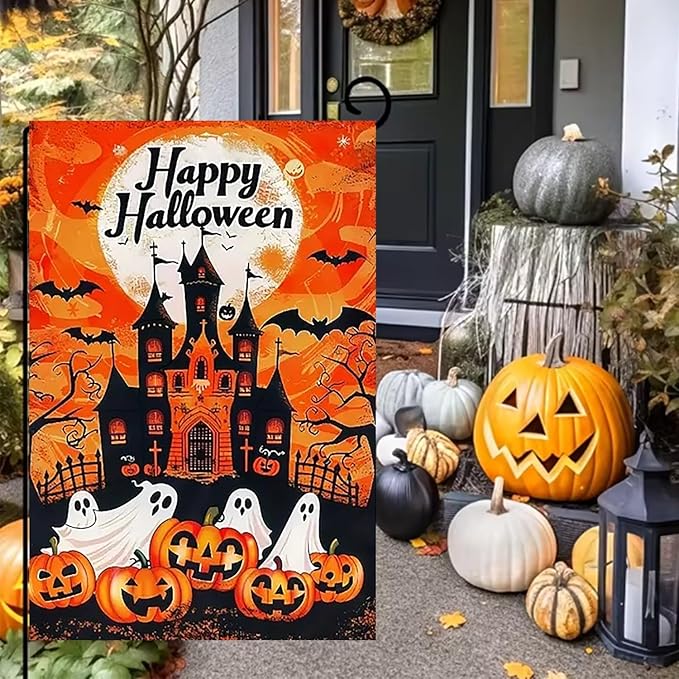 Halloween Garden Flag for Outside 12x18 Inch Double Sided, Ghost Pumpkin Small Yard Flags for Outside, Outdoor Welcome Flag Front Porch Decorations for Home