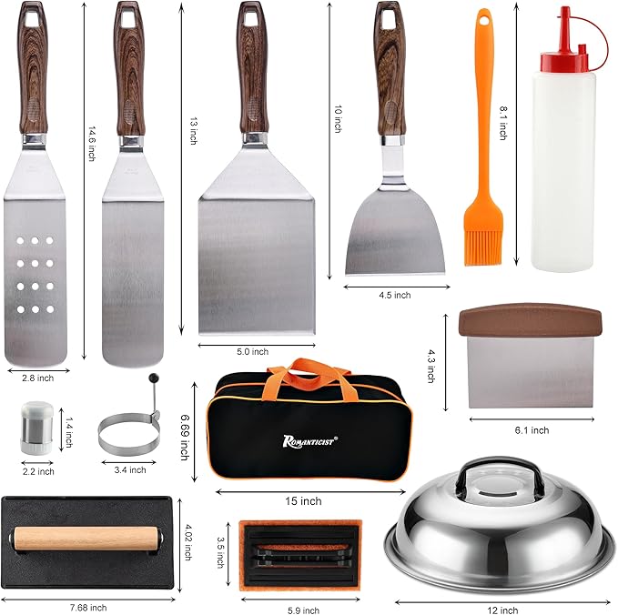 ROMANTICIST 19PCS Griddle Accessories Set - Flat Top Teppanyaki Spatula Set with Scraper, Basting Cover for Camp Chef- Home Cooking Griddle and Outdoor BBQ Gifts for Christmas