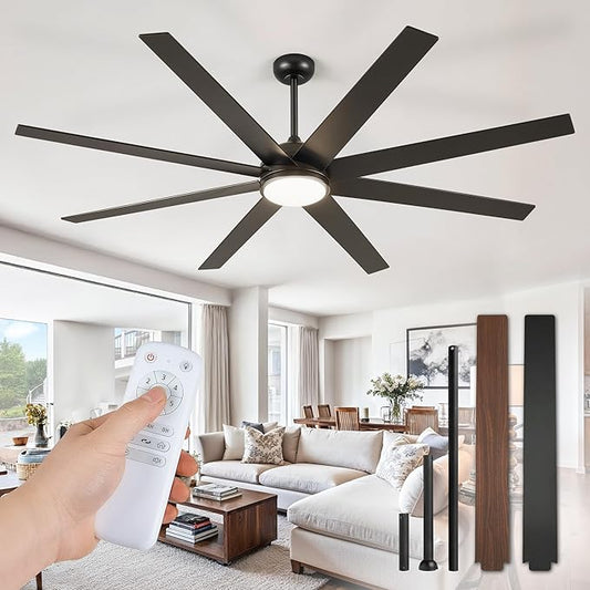 74 Inch Ceiling Fans with Lights and Remote, Black Indoor/Outdoor Ceiling Fan with Quiet Reversible DC Motor, 6 Speeds, 3CCT, 8 Blades Large Ceiling Fan for Living Room Bedroom Patio