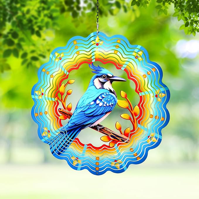 Blue Jay Wind Spinners Outdoor Blue Bird Decor - Birthday Gifts for Women Men,Bird Hanging Wind Spinner 12 inch 3D Wind Sculptures for Garden Patio,Yard, Porch, Deck Decorations
