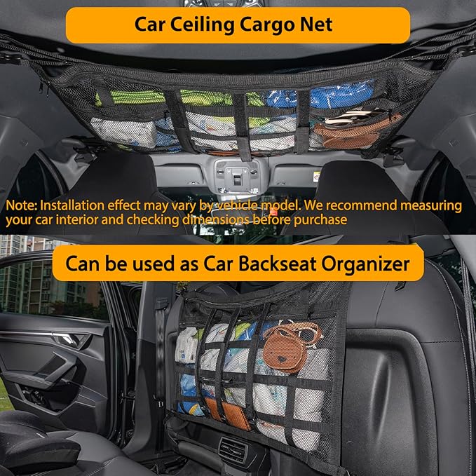 Car Ceiling Cargo Net with 3 Pockets,31.5"x21.6" Car Overhead Storage Mesh Organizer,Double Layer Roof Mesh Camping Overlanding Gear Must Haves Cargo Net,Road Trip Essentials