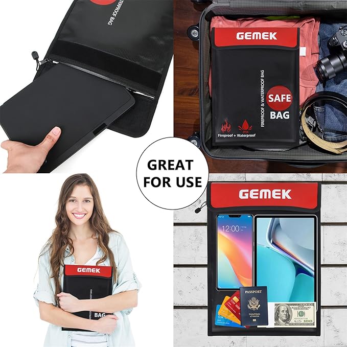 Fireproof Waterproof Money Document Bag 2 Pack, GEMEK Safe Zipper Bags, Fire & Water Resistant Storage Organizer Pouch for A4 A5 Documents Holder,File,Cash,Jewelry,Passport,Tablet,Laptop (Black)