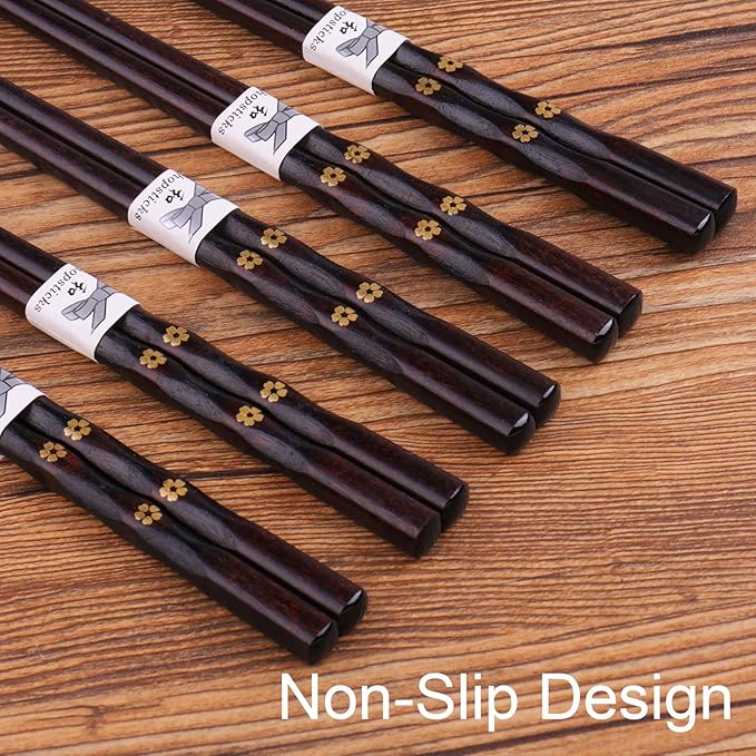5 Pairs Chopsticks Wooden, Glamfields Reusable Chop sticks, Non-slip Japanese Style gift set