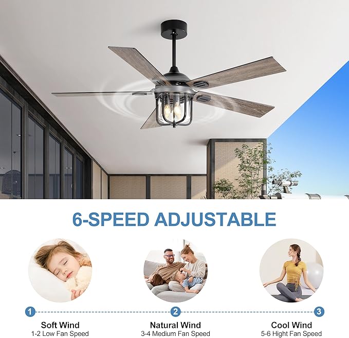 52-Inch Outdoor Waterproof Ceiling Fan with Light and Remote Control, Suitable for Use on Terraces and Porches. It Has a Timing Function (1/2/4/8H)(Walnut)