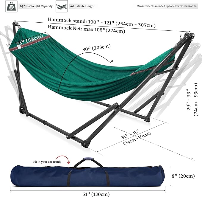 Tranquillo Double Hammock with Stand Included for 2 Persons/Foldable Hammock Stand 600 lbs Capacity Portable Case - Inhouse, Outdoor, Camping, Peacock