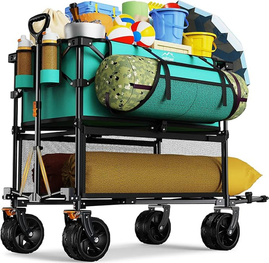 Foldable 50''L Extra Long Double Decker Wagon for Sport, 400L Collapsible Heavy Duty Wagon Cart with Big Wheels, Utility All-Terrain Large Extender Cart for Outdoors, Light Blue