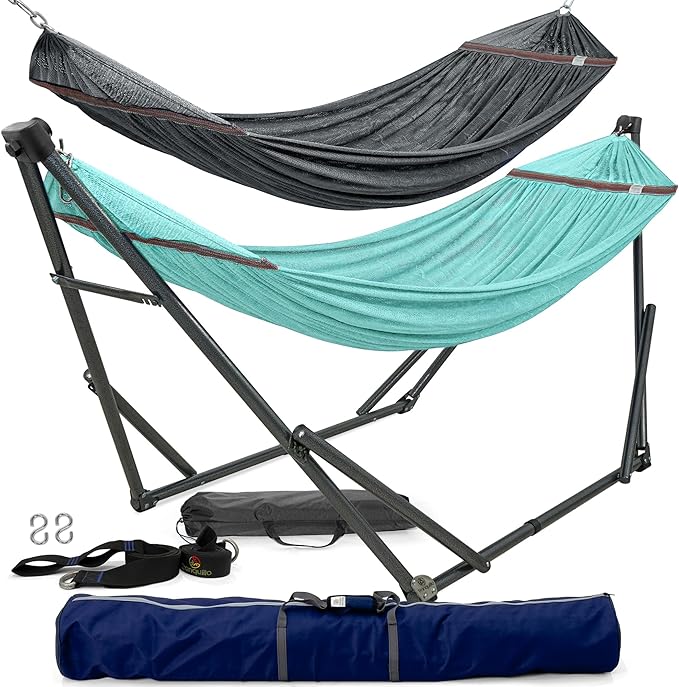 Tranquillo Combo x2 Hammocks with Stand for Outside & Tree Straps, Heavy Duty Hammock with Stand 600lbs for Indoor Outdoor Patio Backyard, x2 Hammocks for 2 Person, Portable Carrying Bags, Sky