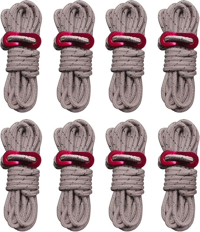 8 Pack High-Reflective Guy Lines 4mm Tent Cords High-Strength Lightweight Camp Ropes with Aluminum Adjuster Tensioner for Tent, Tying Down Tarps, Camping, Outdoor Packaging (Khaki)