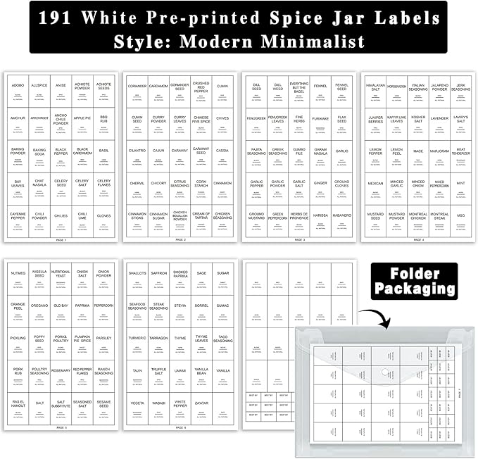 191 Spice Jar Labels Preprinted Minimalist Stickers - White Waterproof Label - Fit Round or Rectangle Spice Jars - Herb Seasoning Kitchen Pantry Labels