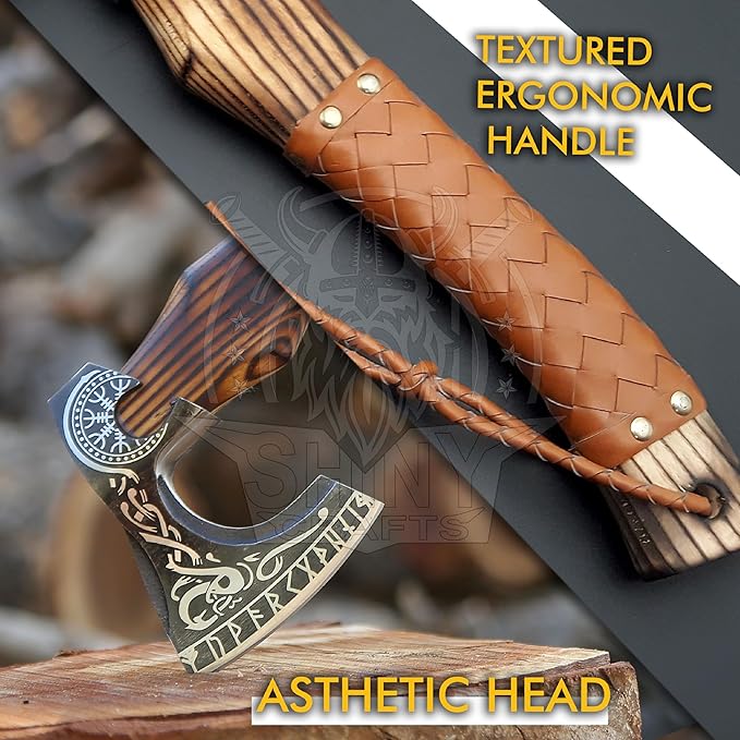 SHINY CRAFTS-Axes Handmade Viking Axe Hatchet Norse Axe-Valhalla Runic Axe Carbon Steel Viking Axe Head Engraved Handle Wolf Camp Axe Genuine Leather Sheath & Wrap (SCA 06)