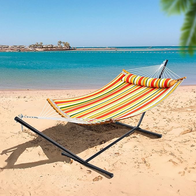 SUPERJARE Hammock with Stand, 2 Person Heavy Duty Hammock with Padded Cotton, Detachable Pillow & Strong Curved-Bar & Portable Carrying Bag, Perfect for Outdoor & Indoor, Orange with Stripes