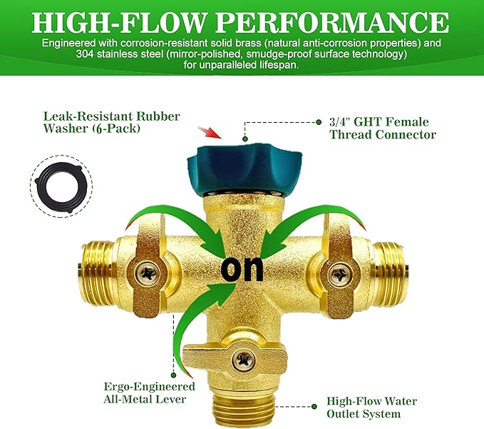Brass High Flow 3 Way Hose Splitter Valve with Metal Handle, Heavy Duty High Flow Spigot Splitter with Shut off Valve, 3/4 Inch Garden Tap Splitter,6 Extra Rubber Hose Washers Included