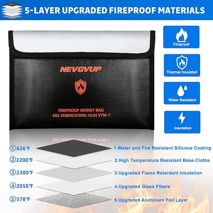 4200°F Fireproof Money Bag - Upgraded Heat Insulated, 9.8 x 6.5" Small Fireproof Document Bags with Waterproof Zipper, fire Water Proof Safe Pouch Set for Valuables, Fireproof Edging, Fire Bag 2packs