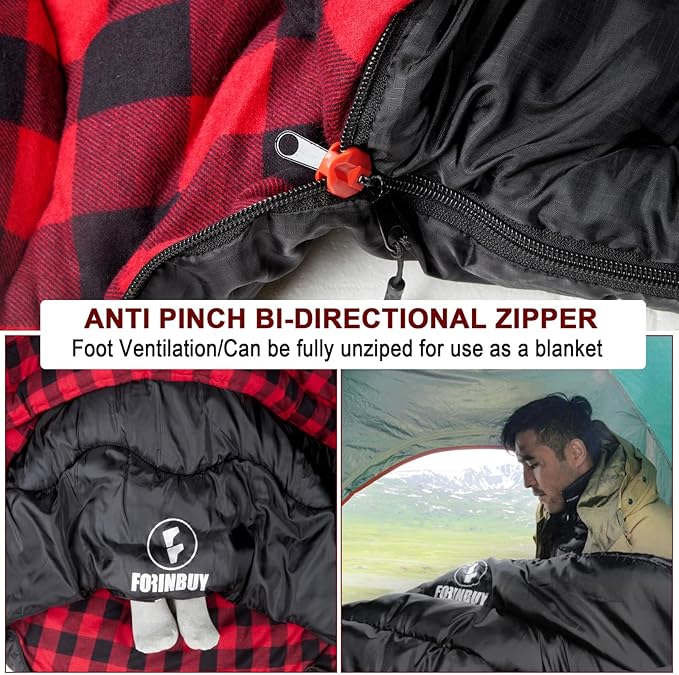 0 Degree Flannel Double Sleeping Bag for Adults, Couples or Family - Winter Queen Size Waterproof & Warm 2-Person Sleeping Bag for Cold Weather Camping, RV Travel