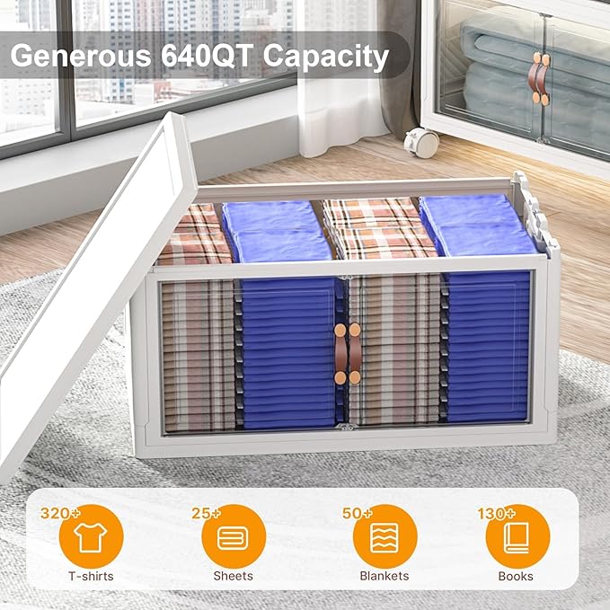 Extra Large Stackable Storage Bins with Lids & Wheels & Door, 960QT-160QT/40GAL*6Pack Foldable Collapsible Closet Organizers, Plastic containers drawers for bedroom Dorm