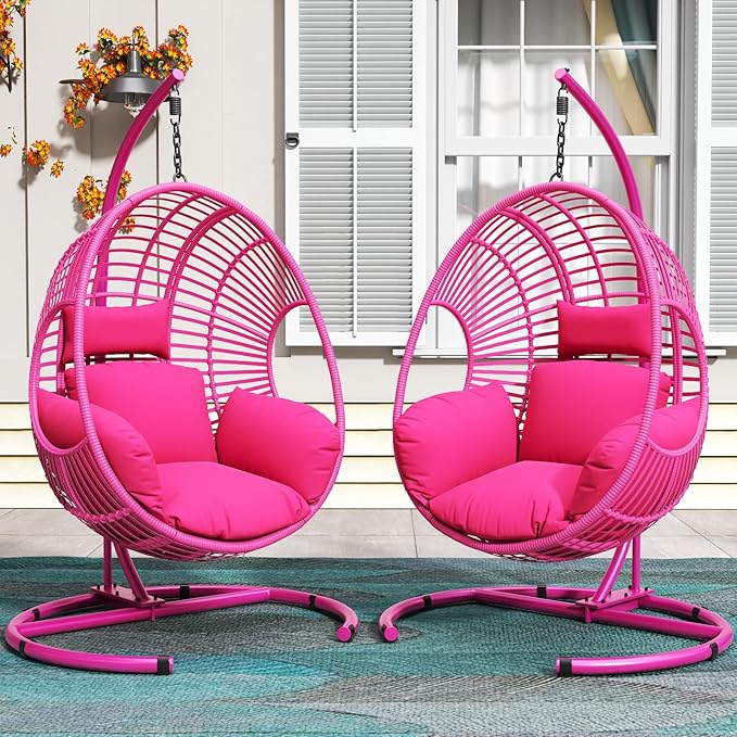 Hanging Egg Chair with Stand - Egg Swing Chair Outdoor Indoor Patio Wicker Chair Swing Hammock Egg Chairs 400lbs Capacity for Outside Patio, Bedroom, Garden and Balcony (Pink, 2P)