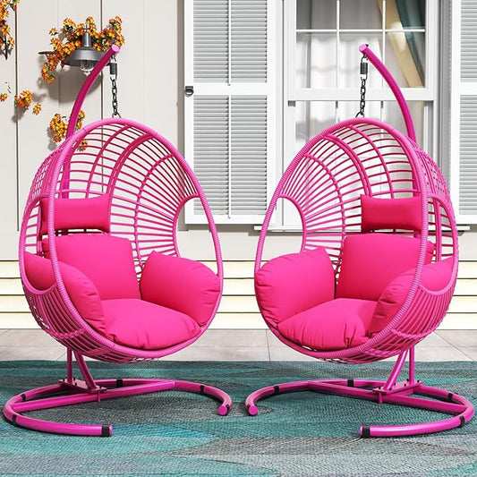 Hanging Egg Chair with Stand - Egg Swing Chair Outdoor Indoor Patio Wicker Chair Swing Hammock Egg Chairs 400lbs Capacity for Outside Patio, Bedroom, Garden and Balcony (Pink, 2P)
