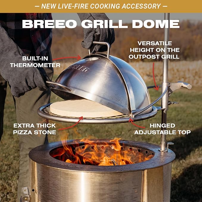 Breeo Grill Dome Hinged Stainless Steel Dome w/Built-in Thermometer, Griddle Accessories Kit, Outdoor Set for Live-Fire Cooking Fits X/24, X/30 Series - Outpost Grill Required