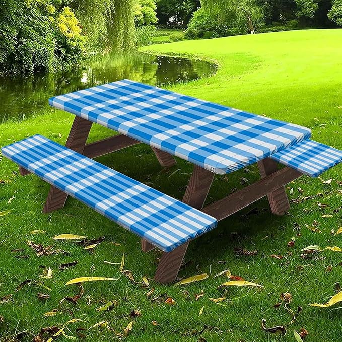 CAPSCEOLL Fitted Picnic Table Cover with Bench Covers with Elastic 8Ft Waterproof Camping Picnic Table Cover Cloths for Outdoors Camping Tablecloth with Drawstring Bag, 96X30in, Blue Checkered
