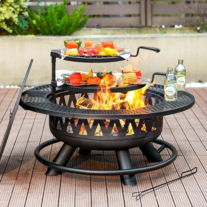 36 Inch Fire Pit with 2 Grills, Large Outdoor Firepits for Outside, Wood Burning Fireplace for Camping,Picnic,Bonfire, 3-in-1 Round Metal Table with Lid for Backyard,Patio,Party