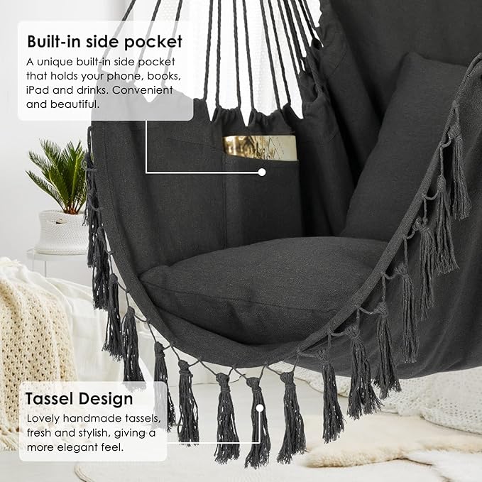 Y- STOP Hammock Chair Hanging Rope Swing, Max 500 Lbs, 2 Cushions Included, Large Macrame Hanging Chair with Pocket, Cotton Weave for Superior Comfort, Durability (Dark Grey)