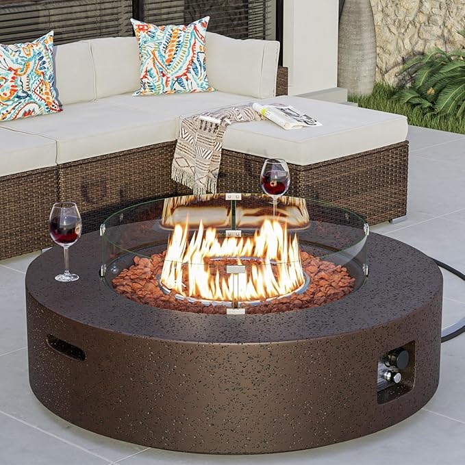 COSIEST 42 inch Outdoor Propane Fire Pit Coffee Table w Concrete Round Base Patio Heater, CSA Certified, 50,000 BTU Stainless Steel Burner, Free Lava Rocks, Wind Guard, Rain Cover
