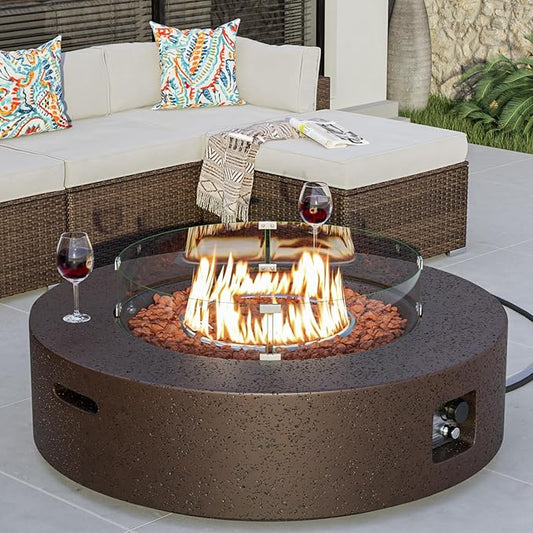 COSIEST 42 inch Outdoor Propane Fire Pit Coffee Table w Concrete Round Base Patio Heater, CSA Certified, 50,000 BTU Stainless Steel Burner, Free Lava Rocks, Wind Guard, Rain Cover