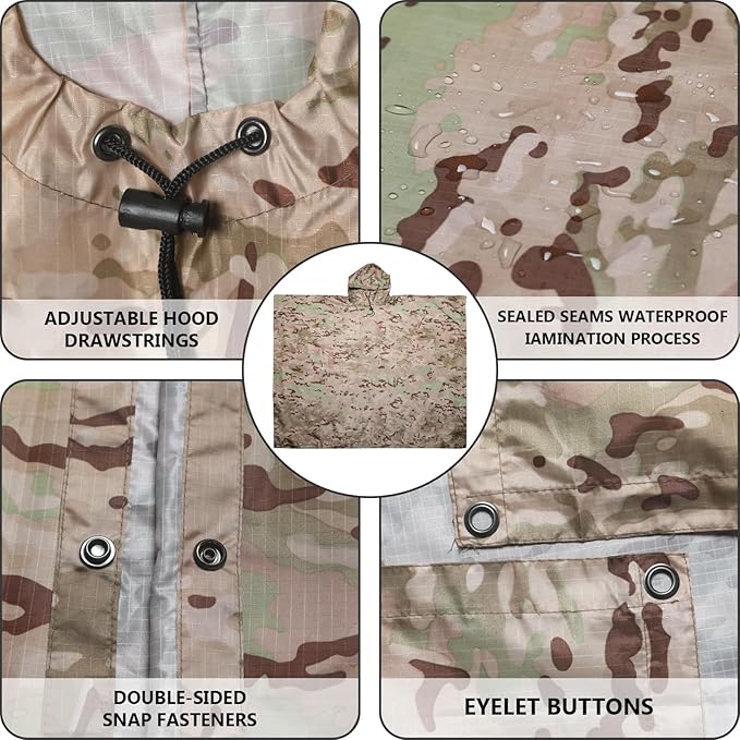 GRVCN Military Rain Poncho, Camouflage Raincoat Outdoor Waterproof Lightweight