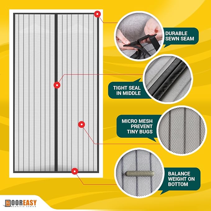 DOOREASY Magnetic Screen Wide Range Sizes Screen Door, Full Frame Loop Sewn Polyester Mesh, Add-on Magnets and Weight Bars(Fits Doors up to 30"x79")