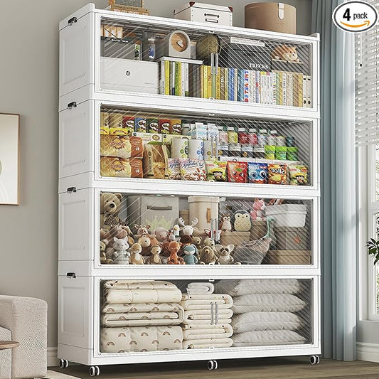 320GAL Extra Large Stackable Storage Bins with Lid, 1280QT Plastic Closet Organizer and Storage Cabinet with Wheels and Doors, Folding Storage Box Container for Home Organization, 4Pack White